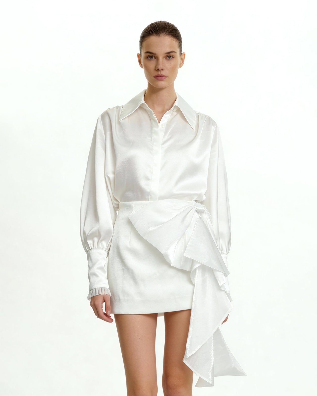 垂墜蝴蝶結短裙 - 白色