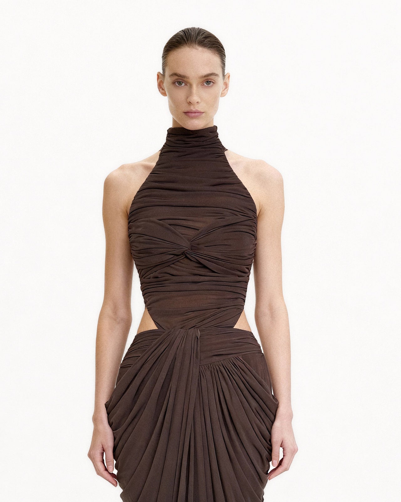 皺褶正面扭結繞頸緊身衣 - 棕色