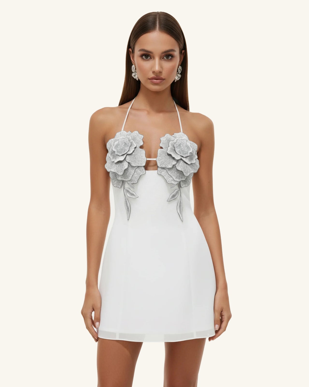 花卉刺繡迷你連身裙 - 白色