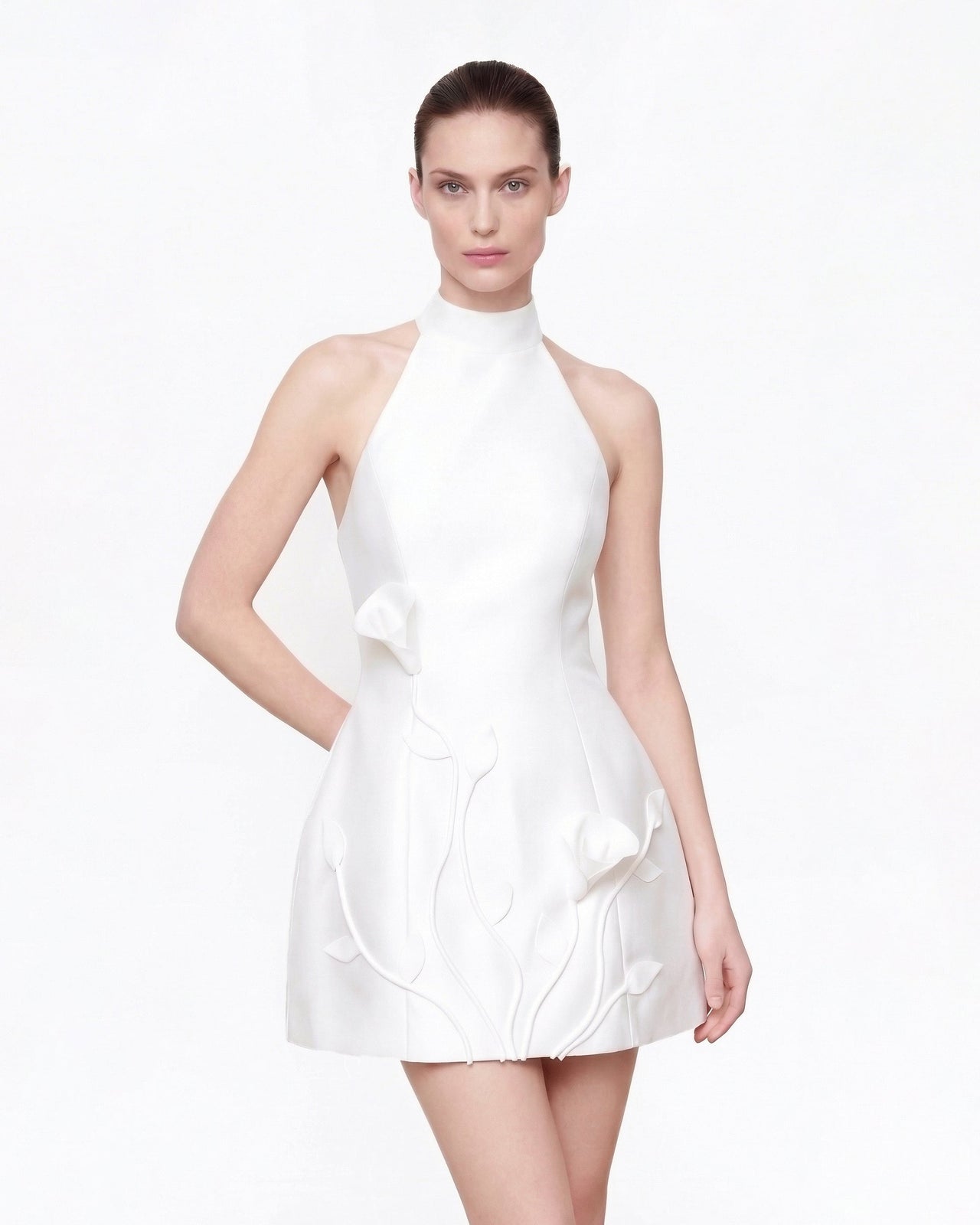 3D 花卉掛頸迷你連身裙 - 白色