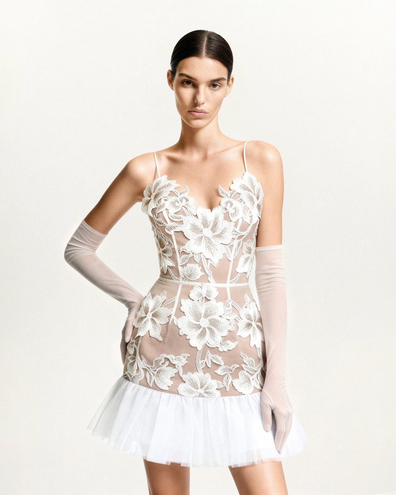 花卉吊帶迷你連身裙 - 白色