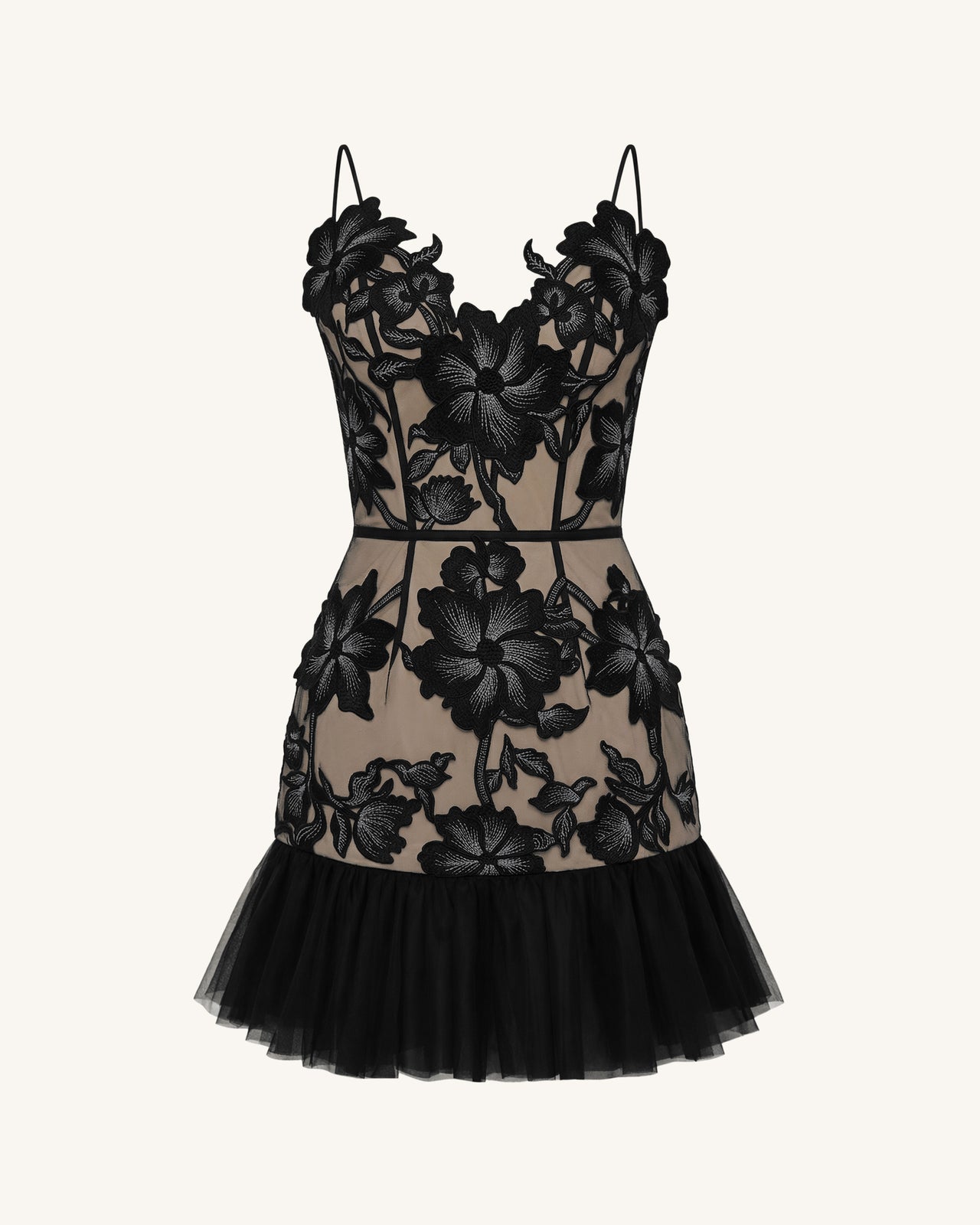 花卉吊帶迷你連身裙 - 黑色