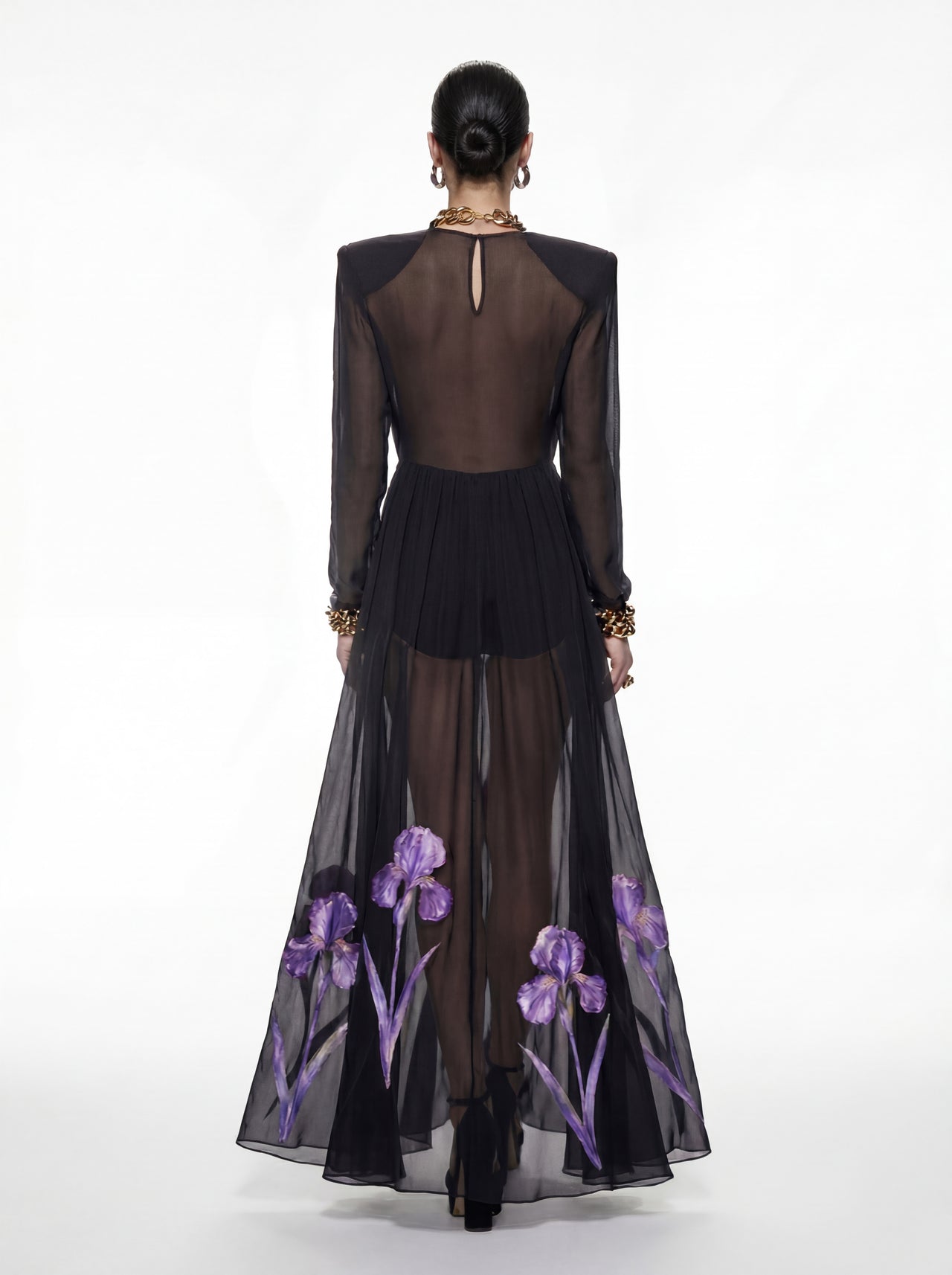 Iris 花卉印花長袖透視長禮服 - 黑色/紫色