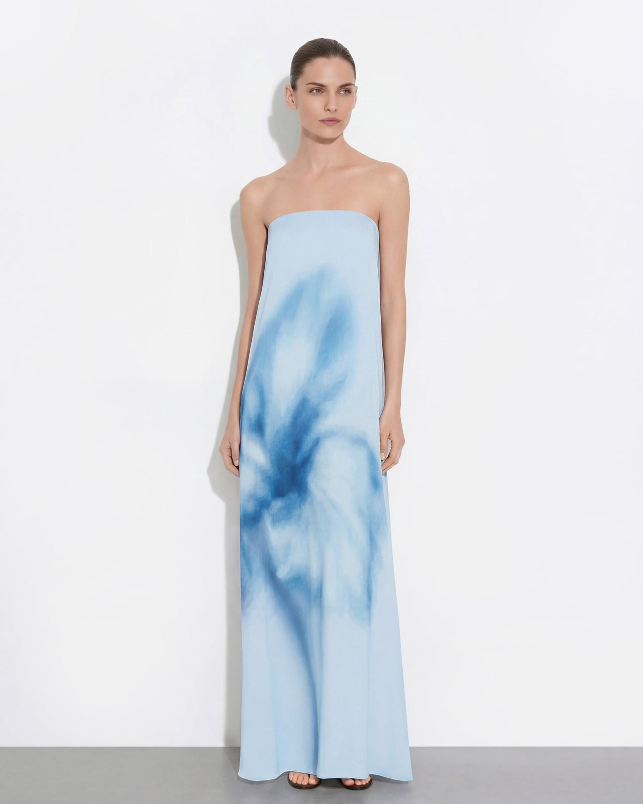 水彩花卉露肩長連衣裙 - 藍色