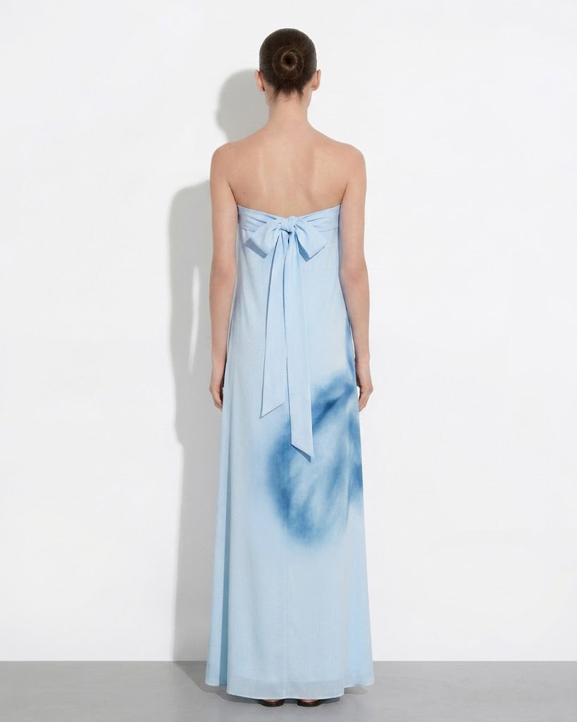 水彩花卉露肩長連衣裙 - 藍色