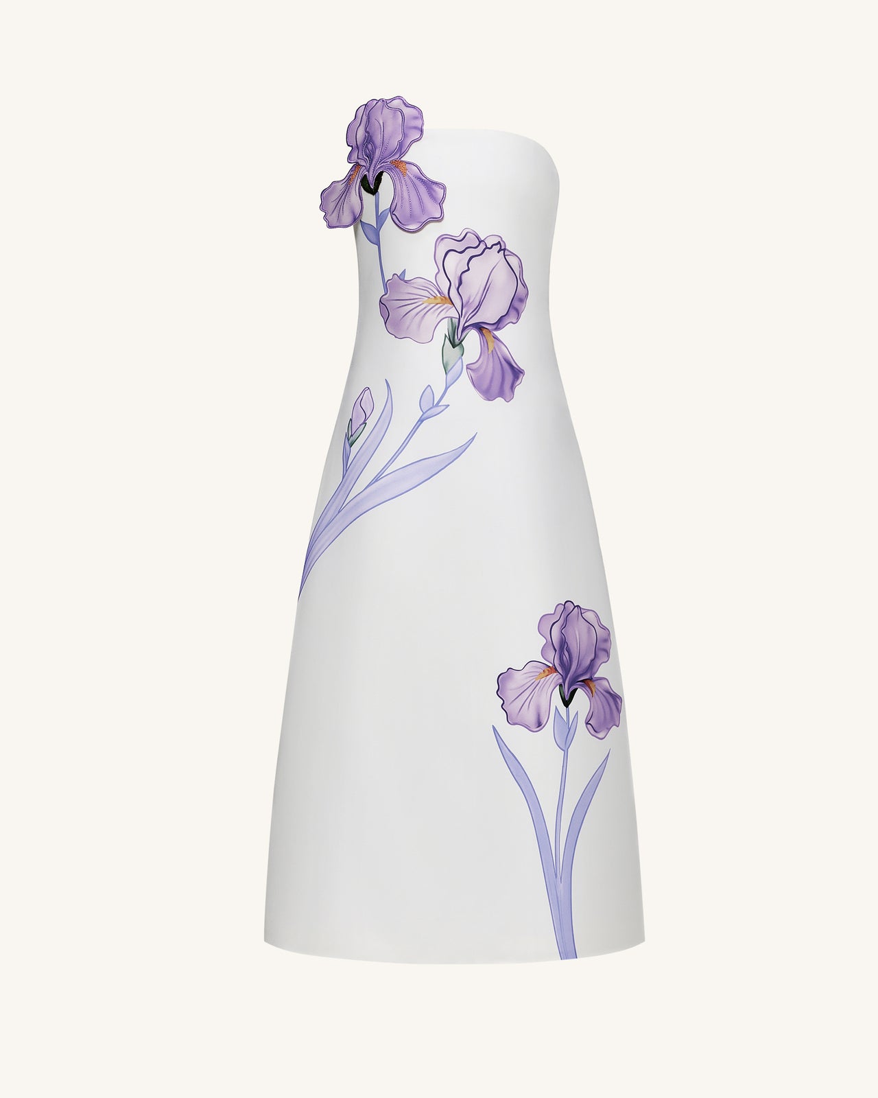 Iris 花卉印花無肩帶A字形長款連身裙 – 白色