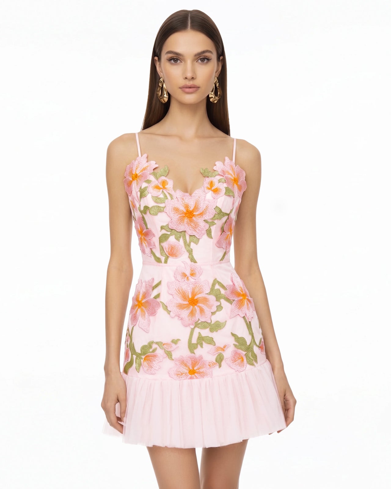 花卉吊帶迷你連身裙 - 玫瑰粉色