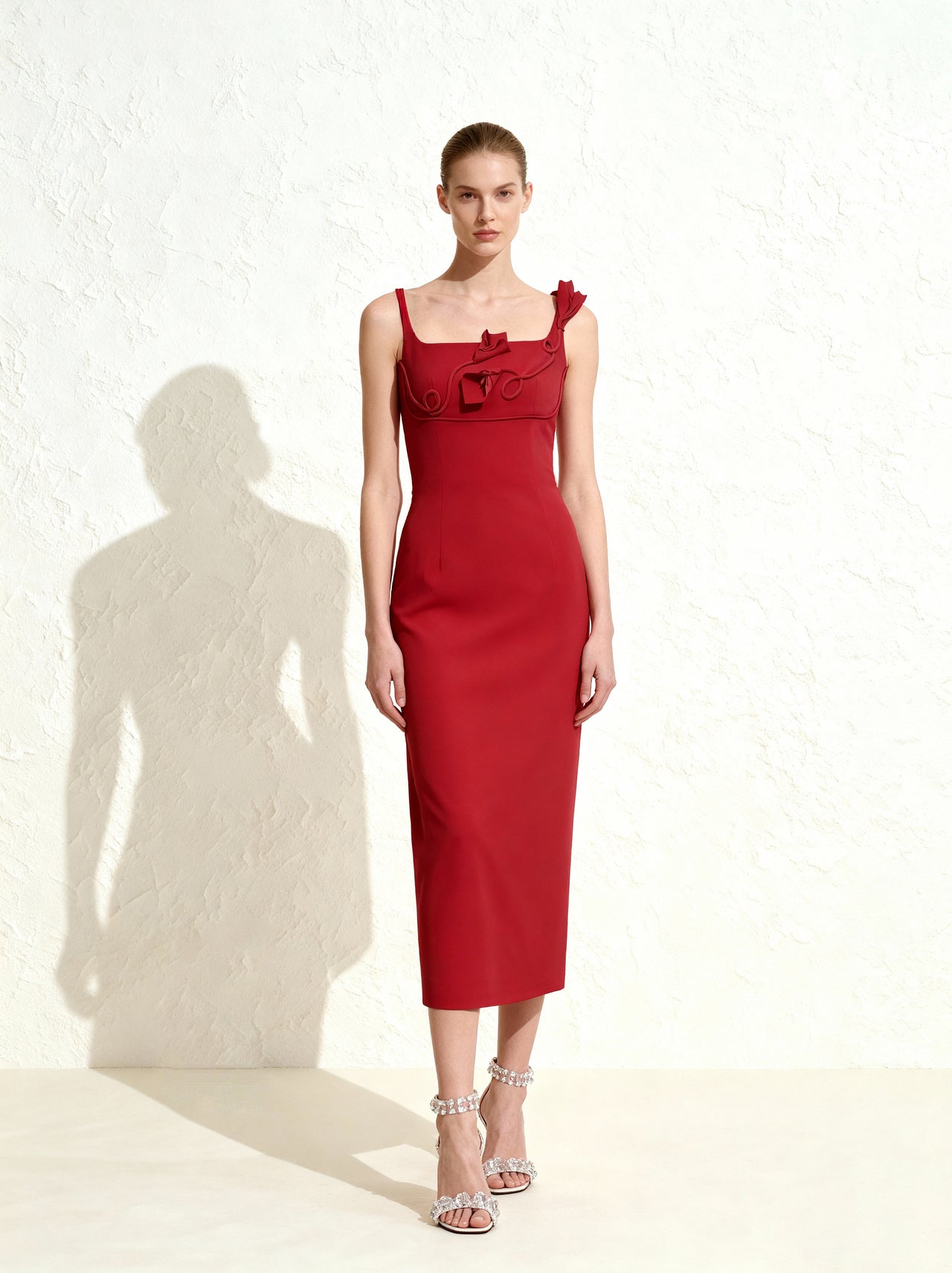 3D 花卉貼花方領緊身中長連衣裙 - 紅色