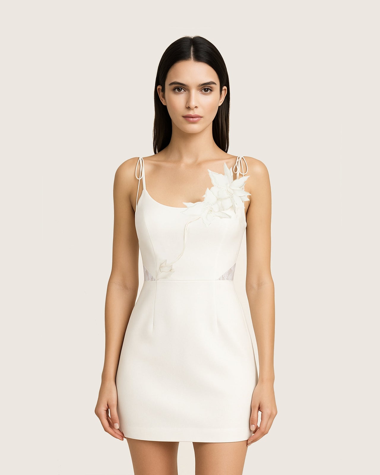 花卉藤蔓綁帶連身裙-白色