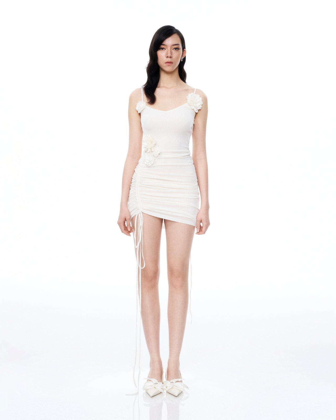 Luciana 3D 立體花花百褶迷你裙-白色