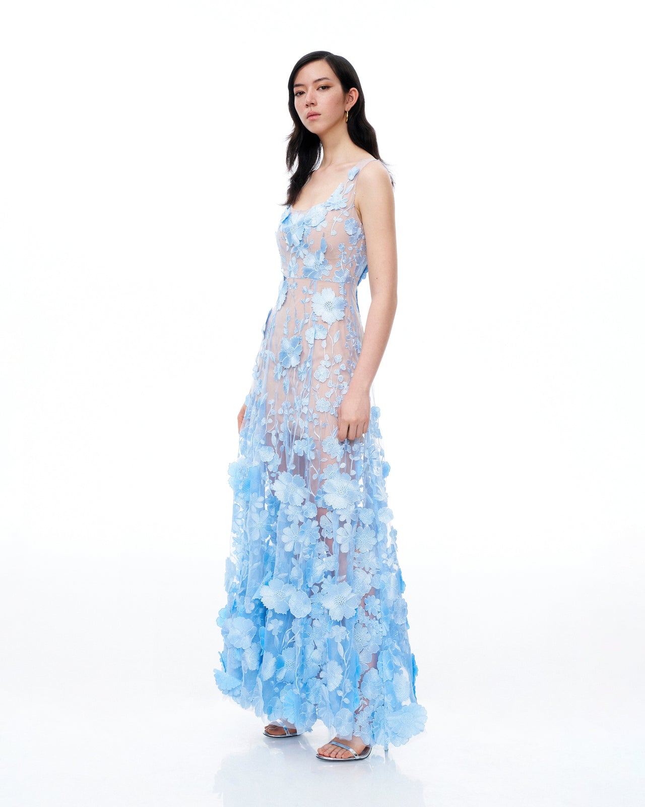 Clementine 3D立體花卉刺繡裙-藍色