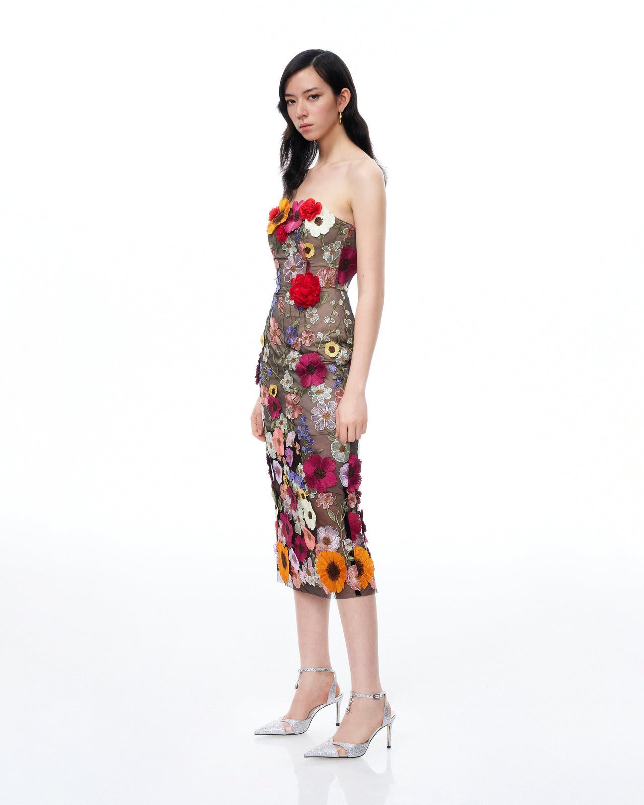 Isolde 3D立體花卉刺繡長裙-黑色混色