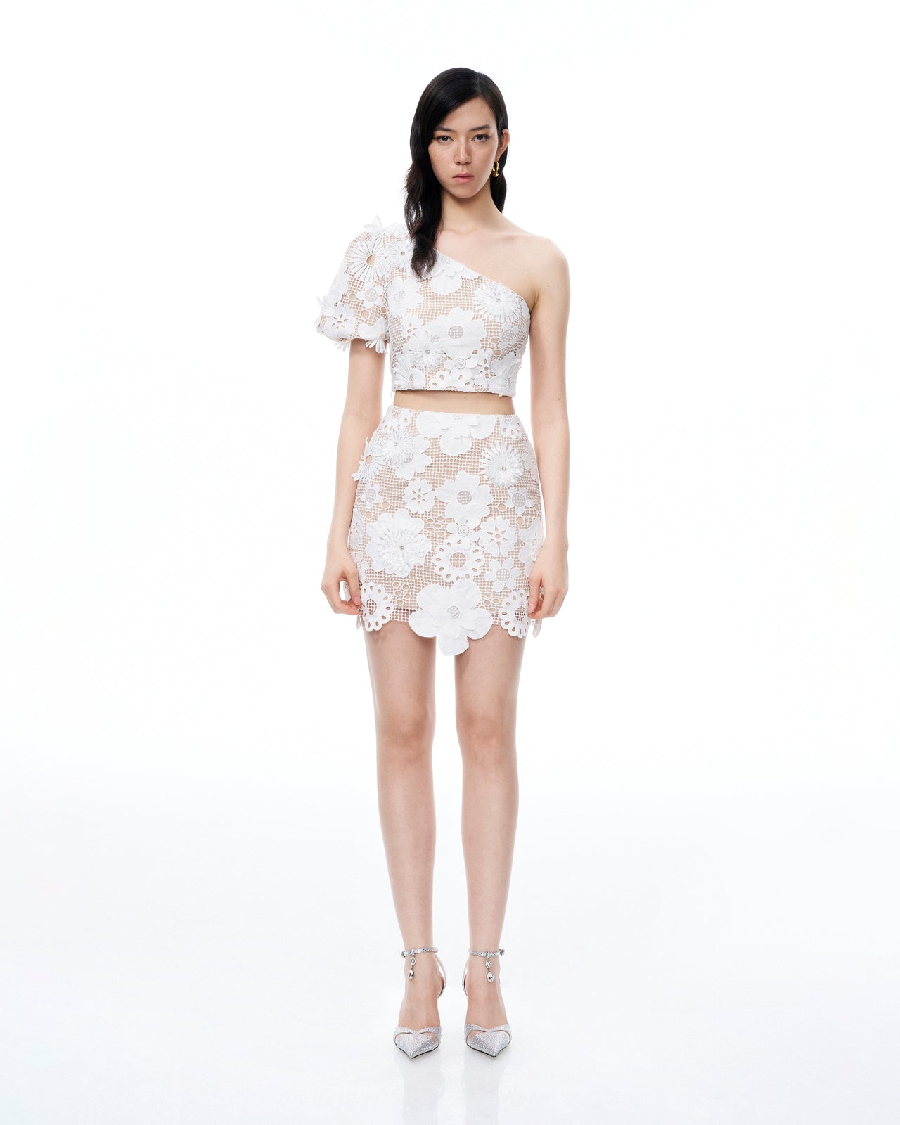 Ophelia 單肩刺繡蕾絲套裝裙-白色