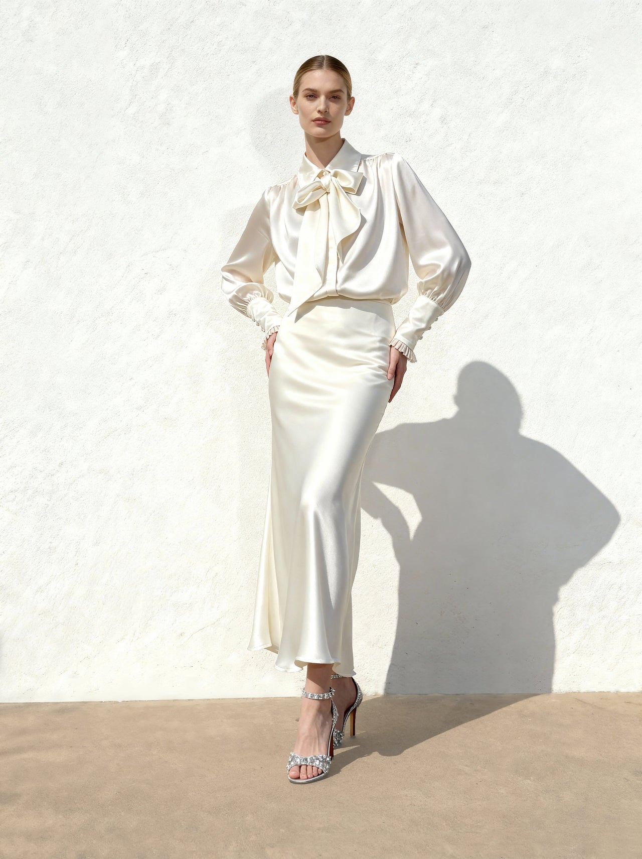 流光緞面美人魚長半截裙 – 白色