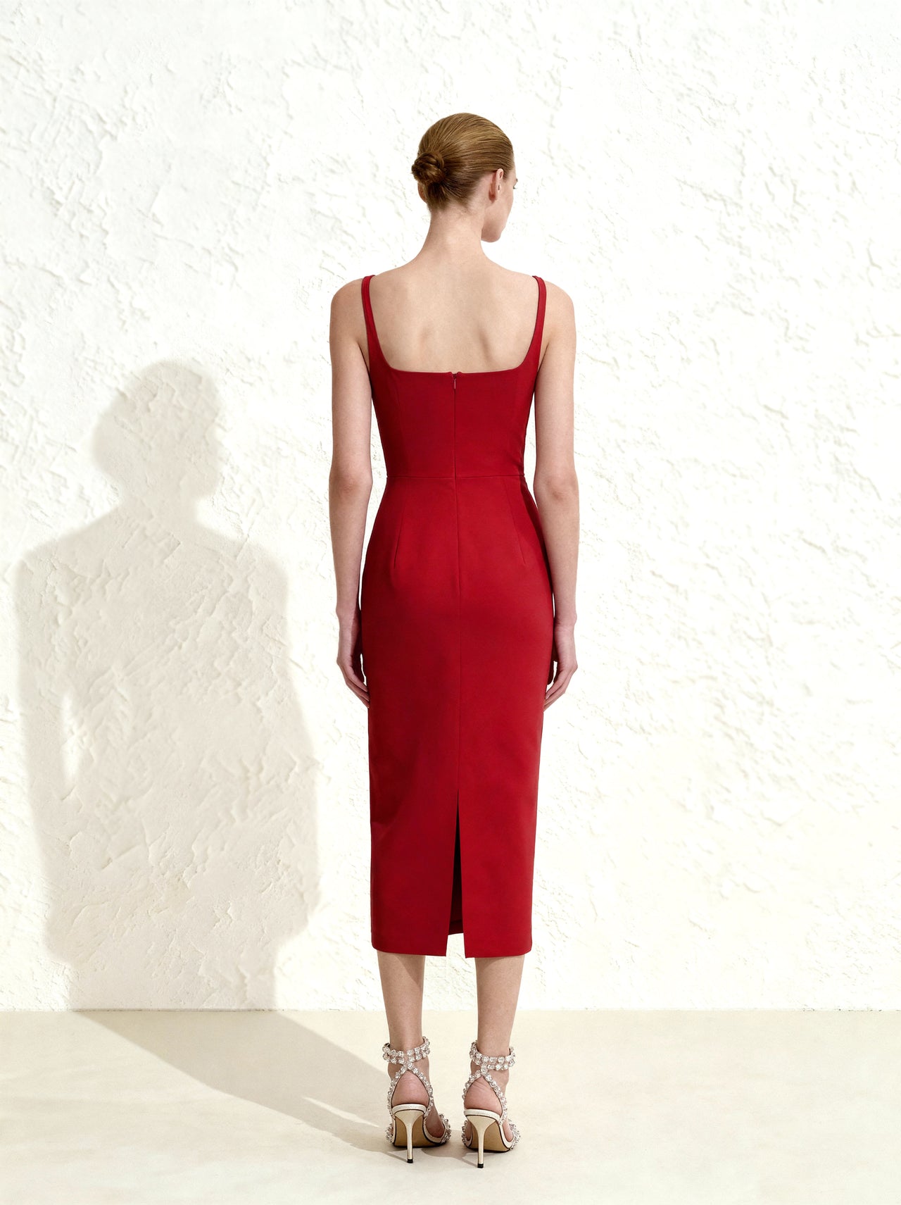 3D 花卉貼花方領緊身中長連衣裙 - 紅色