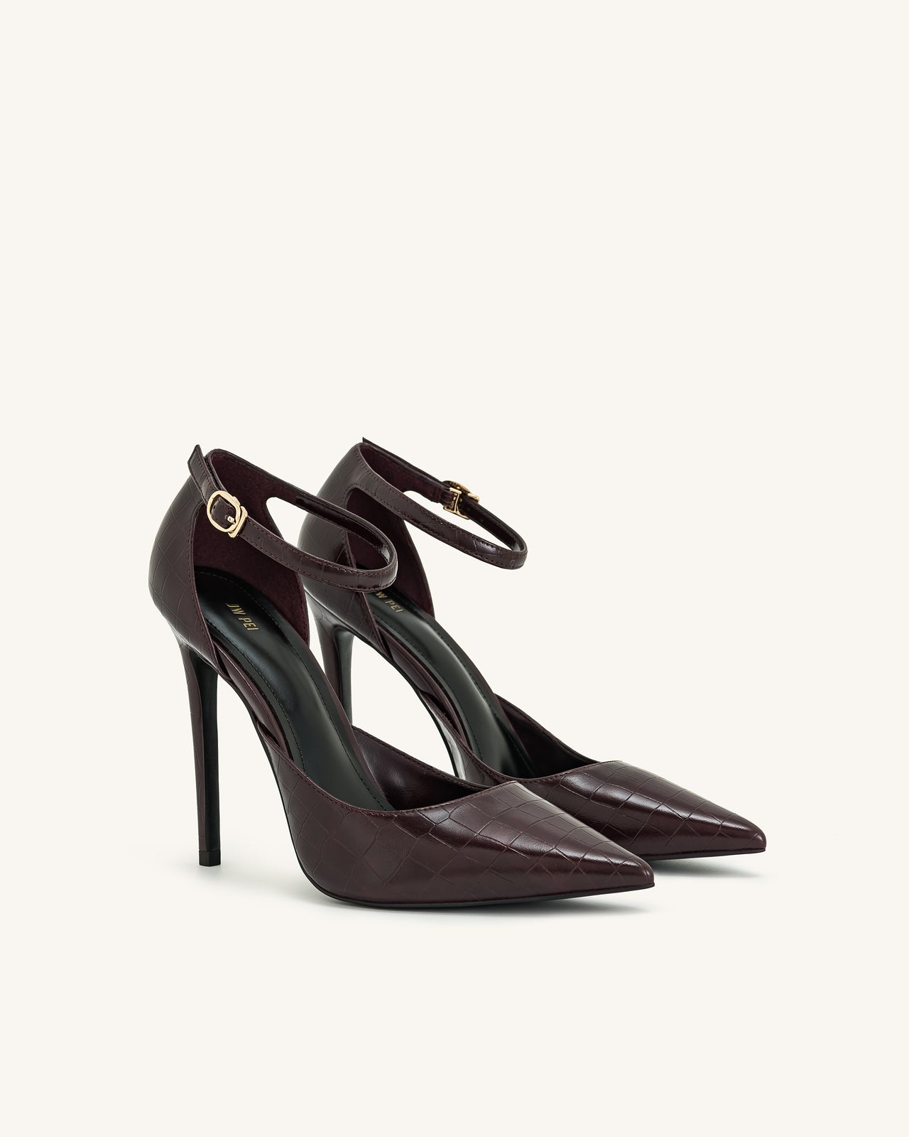 Leah 鱷魚壓紋踝帶高跟鞋-酒紅色