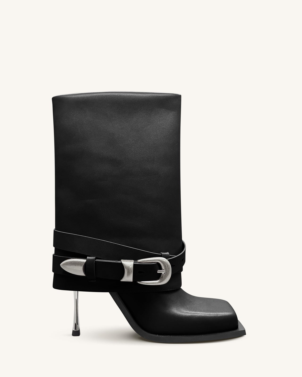 Emilia 西部風扣帶皮革細高跟靴 - 黑色