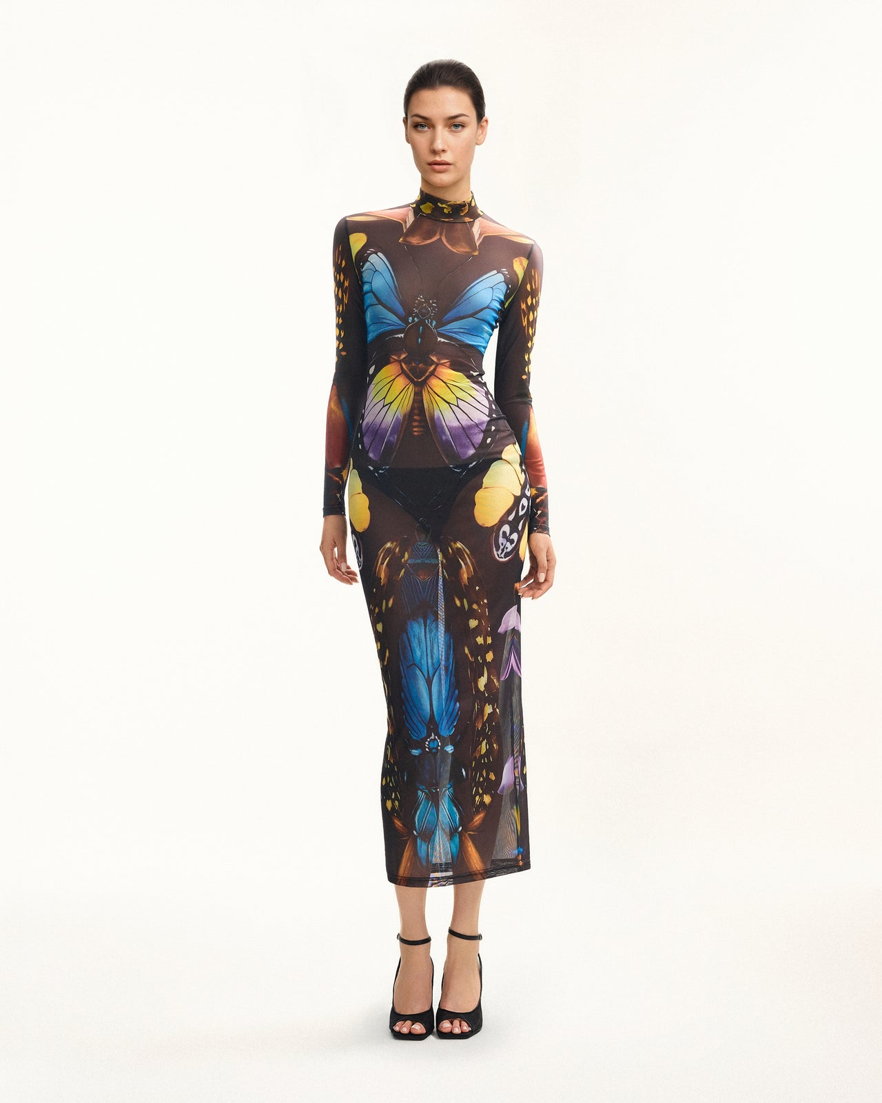 蝴蝶圖案透視網紗長裙 - 多色