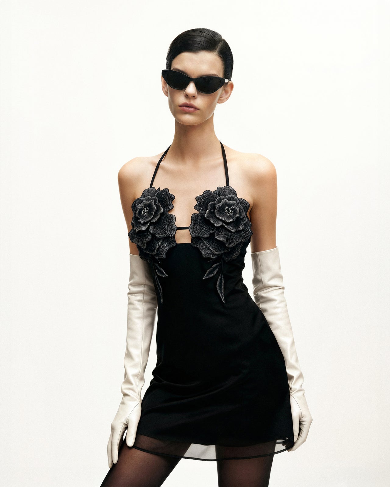Flower 刺繡迷你裙 - 黑色