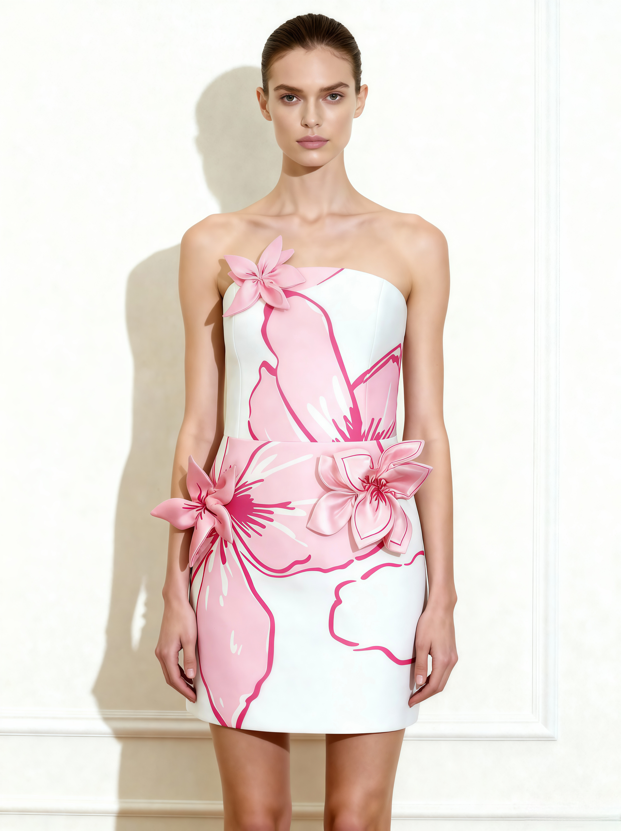 粉色花卉貼花迷你連身裙 - 白色/粉色