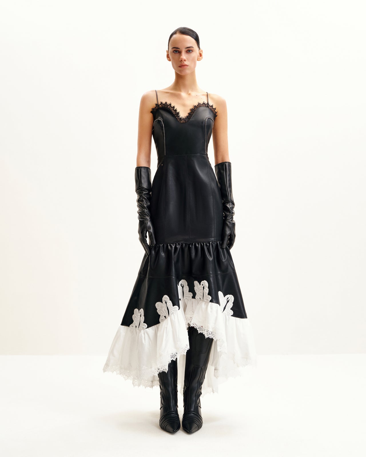 Zora 蕾絲邊皮革裙 - 黑色