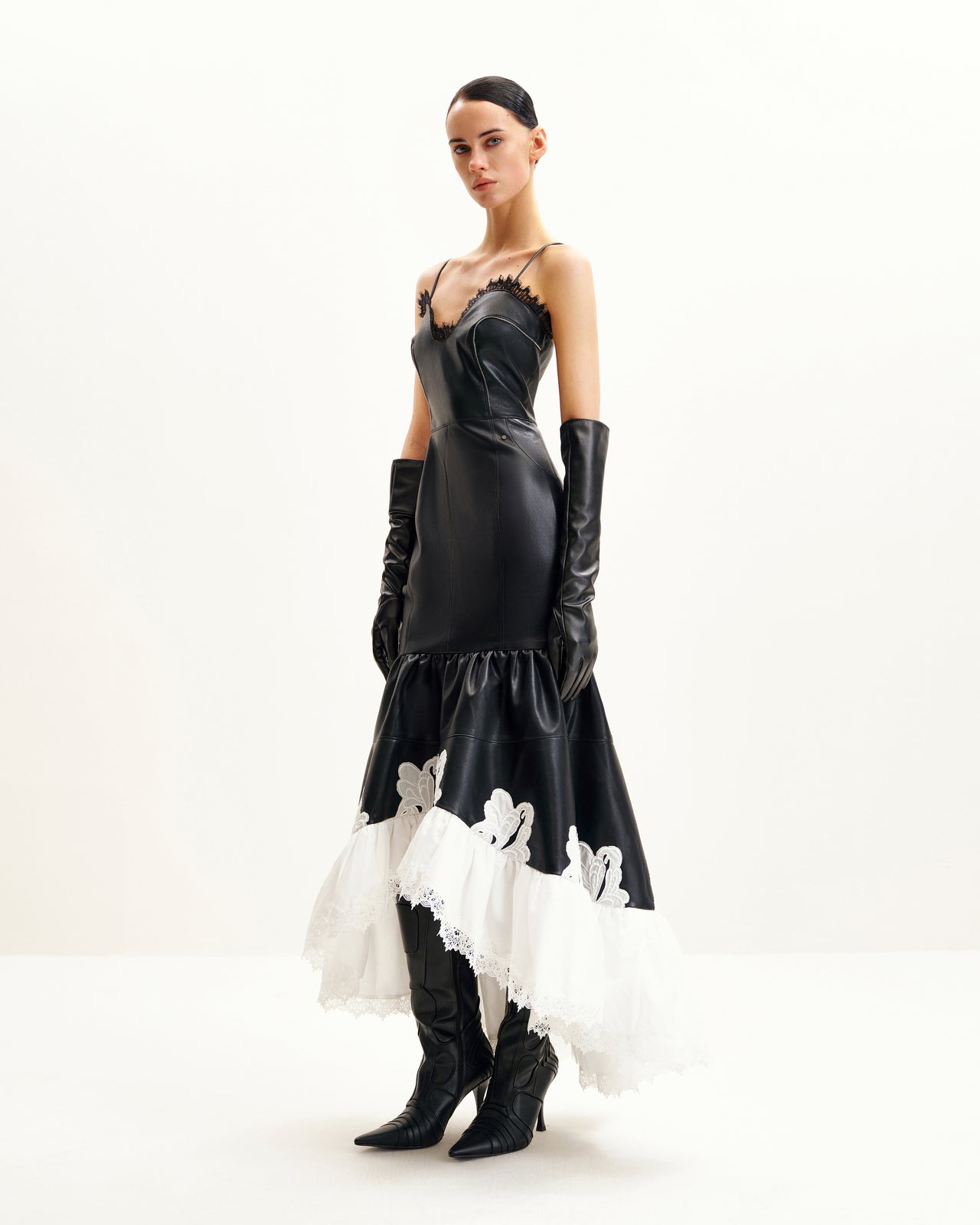 Zora 蕾絲邊皮革裙 - 黑色