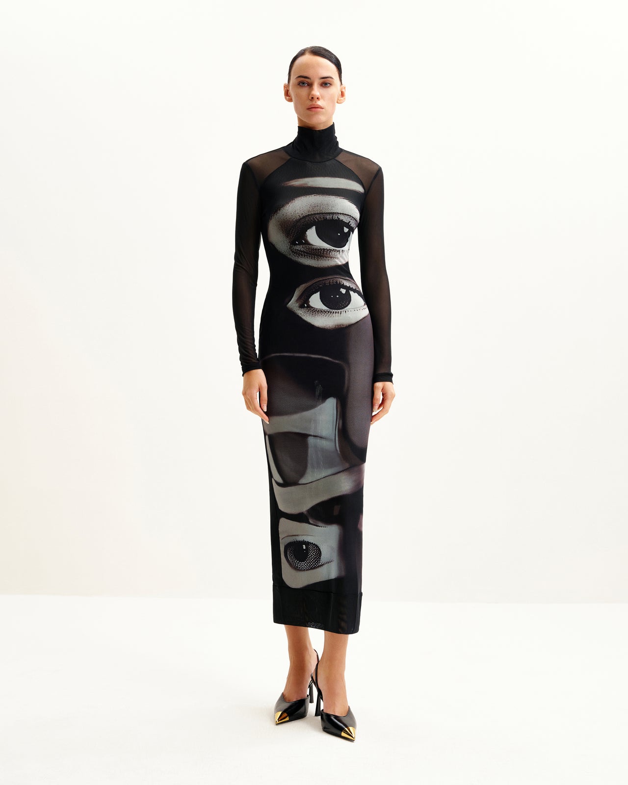 Sophia 眼睛印花網紗連衣裙 - 黑/白