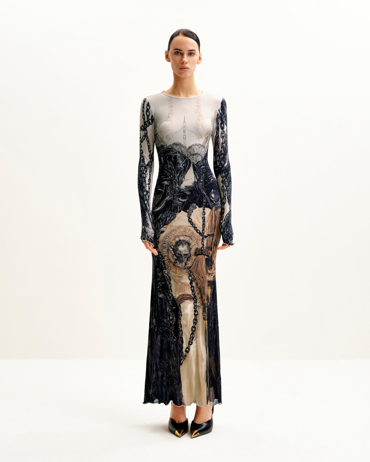 Isabella 復古印花裙 - 棕色與黑色