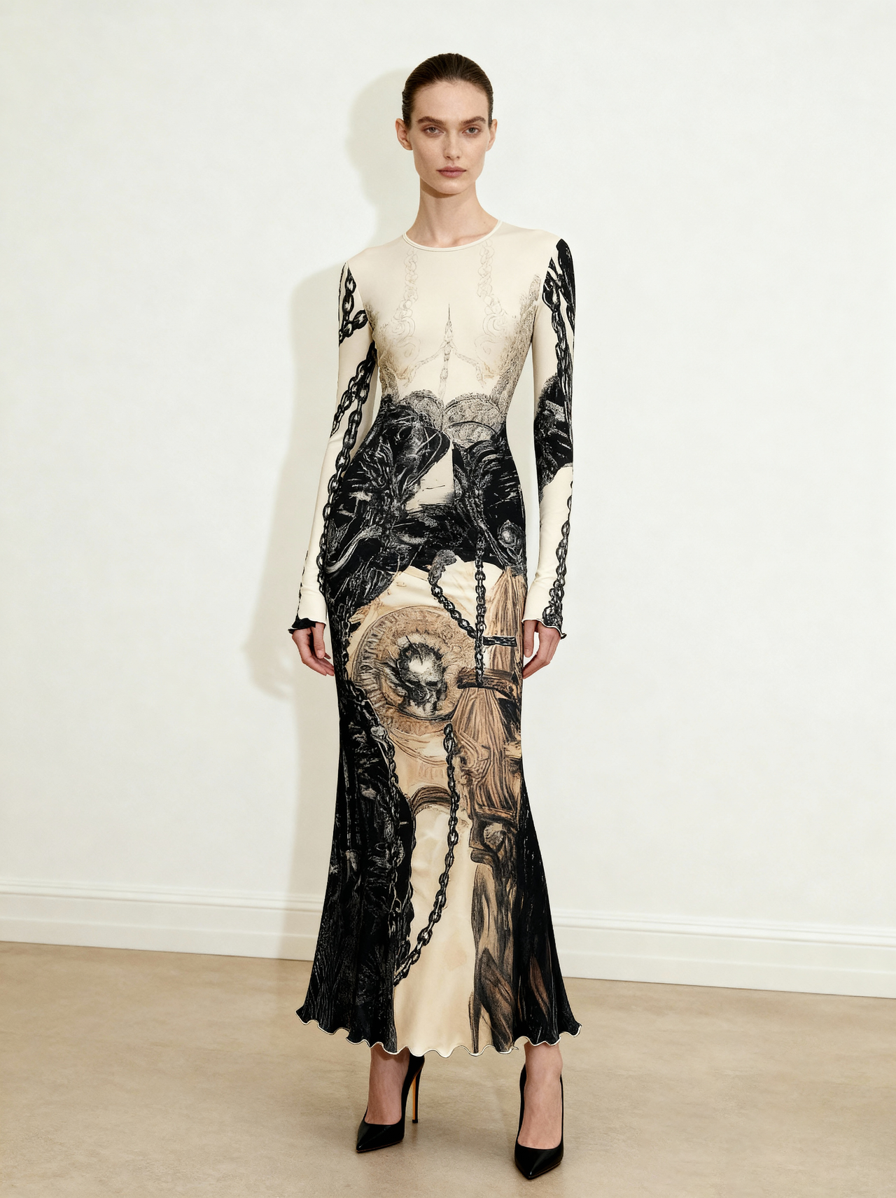 Isabella 復古印花裙 - 棕色與黑色