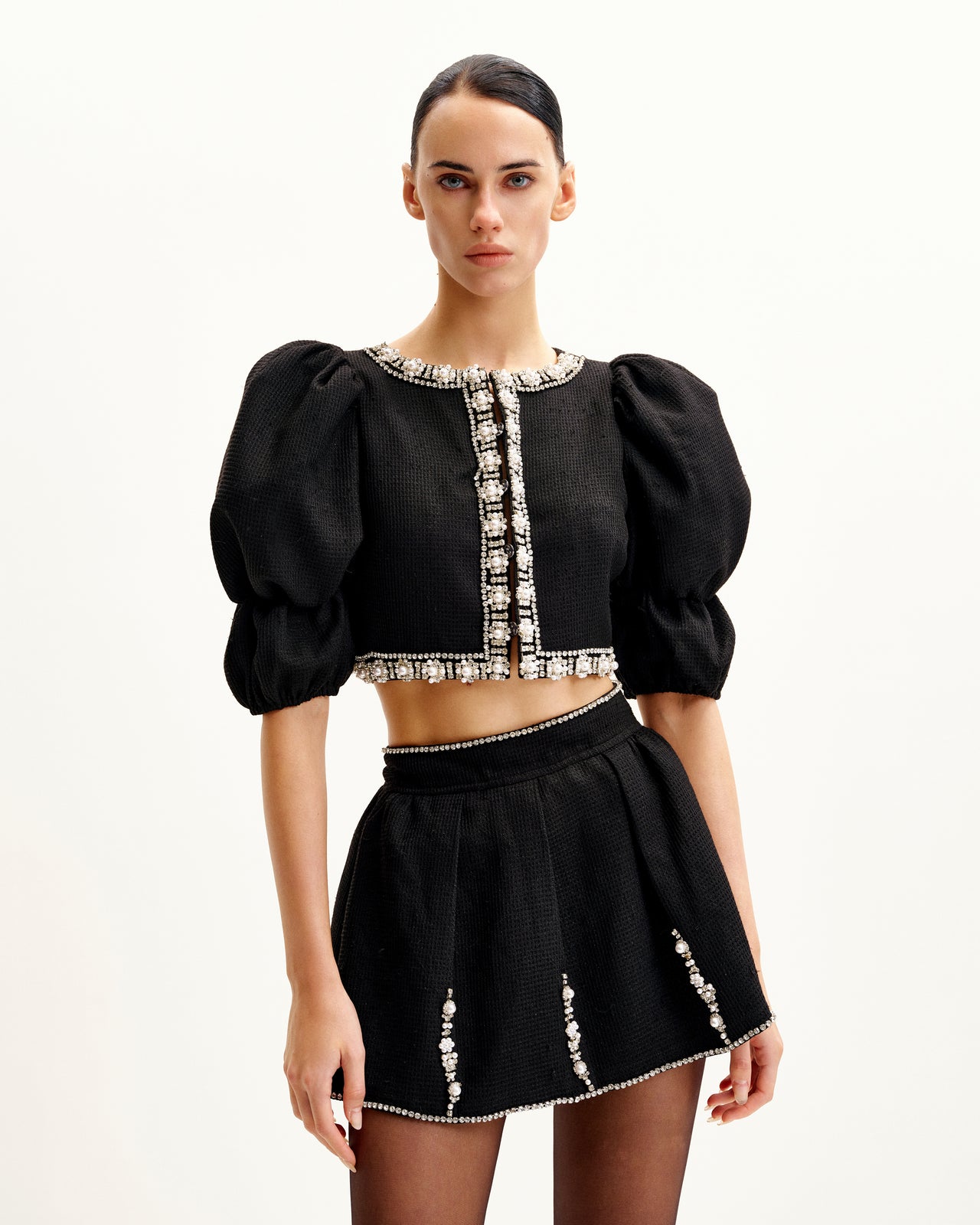 珍珠綴飾花呢套裝 - 黑色