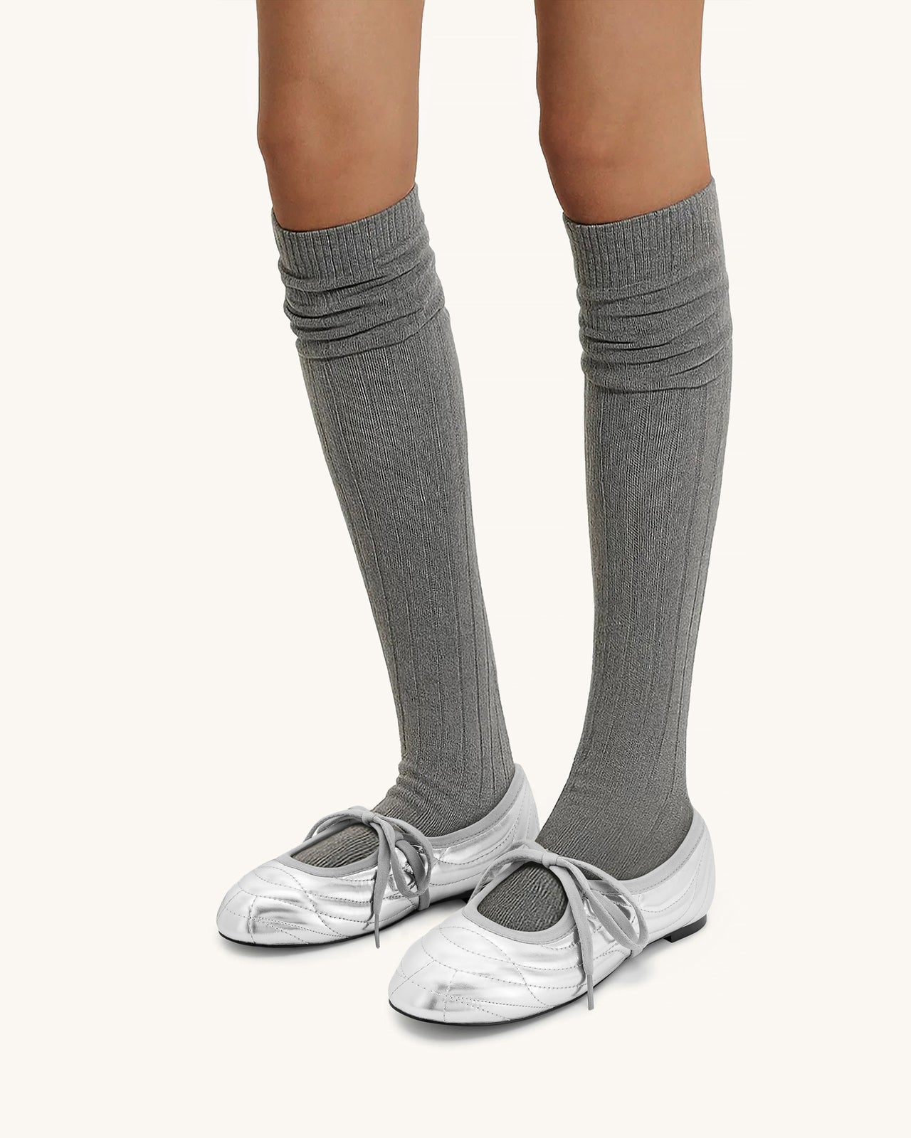 Erika 明線繫帶芭蕾平底鞋 - 銀色