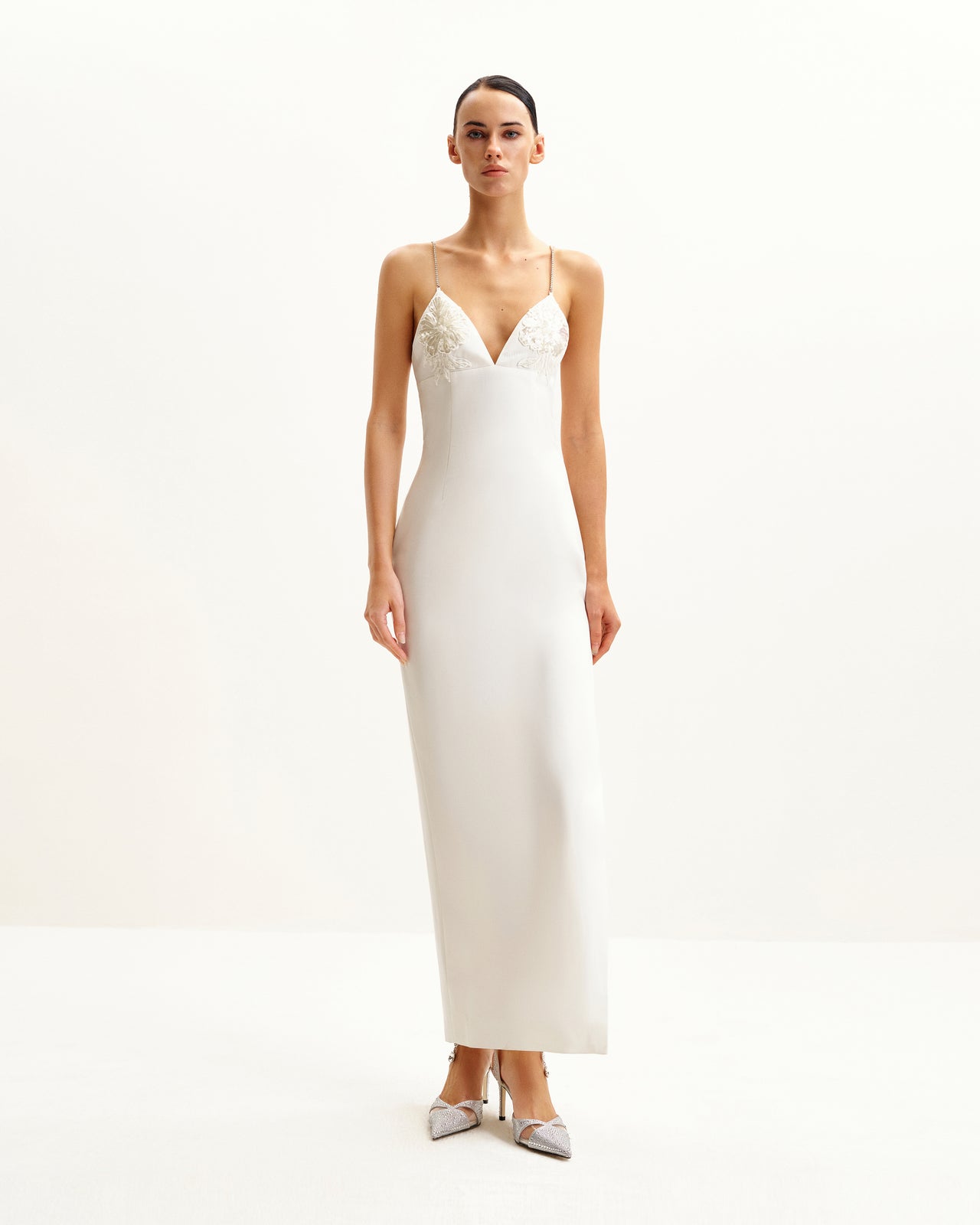 Ayliua 甜心領口鑲鑽白色長裙 - 白色