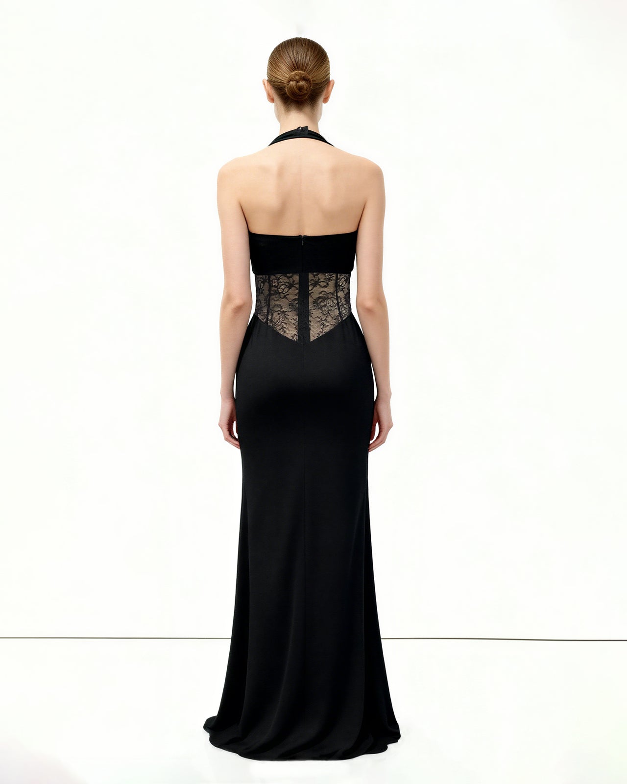 褶皺蕾絲拼接長款連衣裙 - 黑色