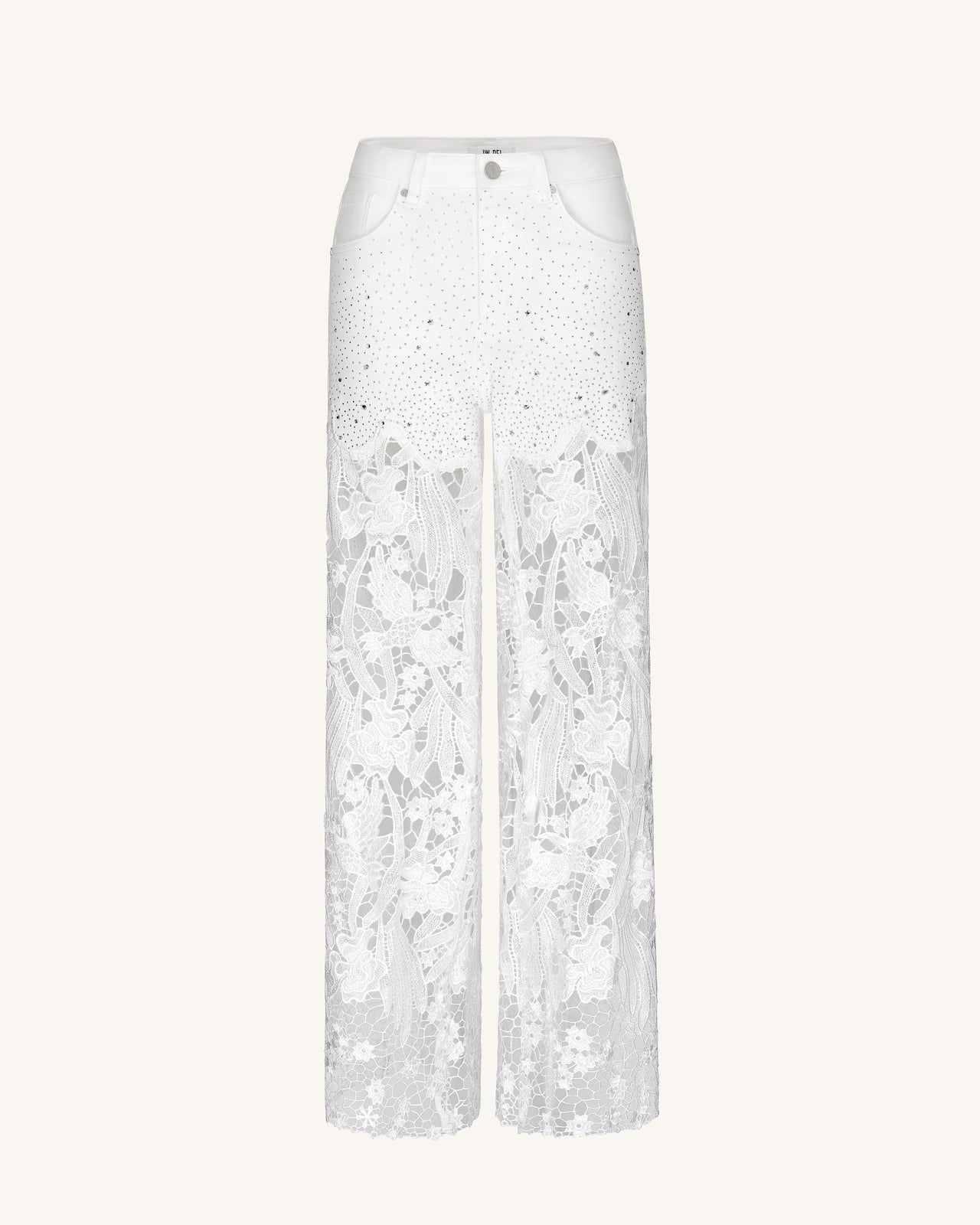 白色高腰闊腳蕾絲刺繡水鑽牛仔褲