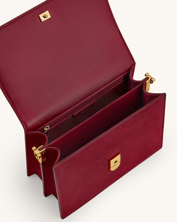 迷你翻蓋仿麂皮鱷魚紋壓花斜挎袋 - 酒紅色