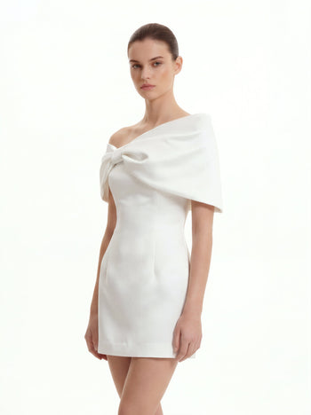 緞面不對稱蝴蝶結迷你連衣裙 - 白色