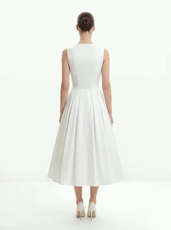 V領褶飾中長連身裙 - 白色