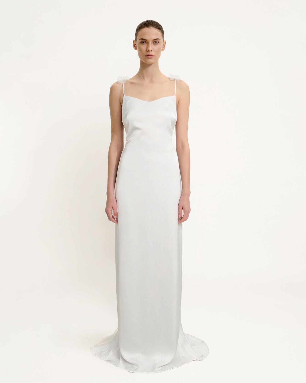 Satin 細肩帶飾花卉飄帶長連身裙 - 白色