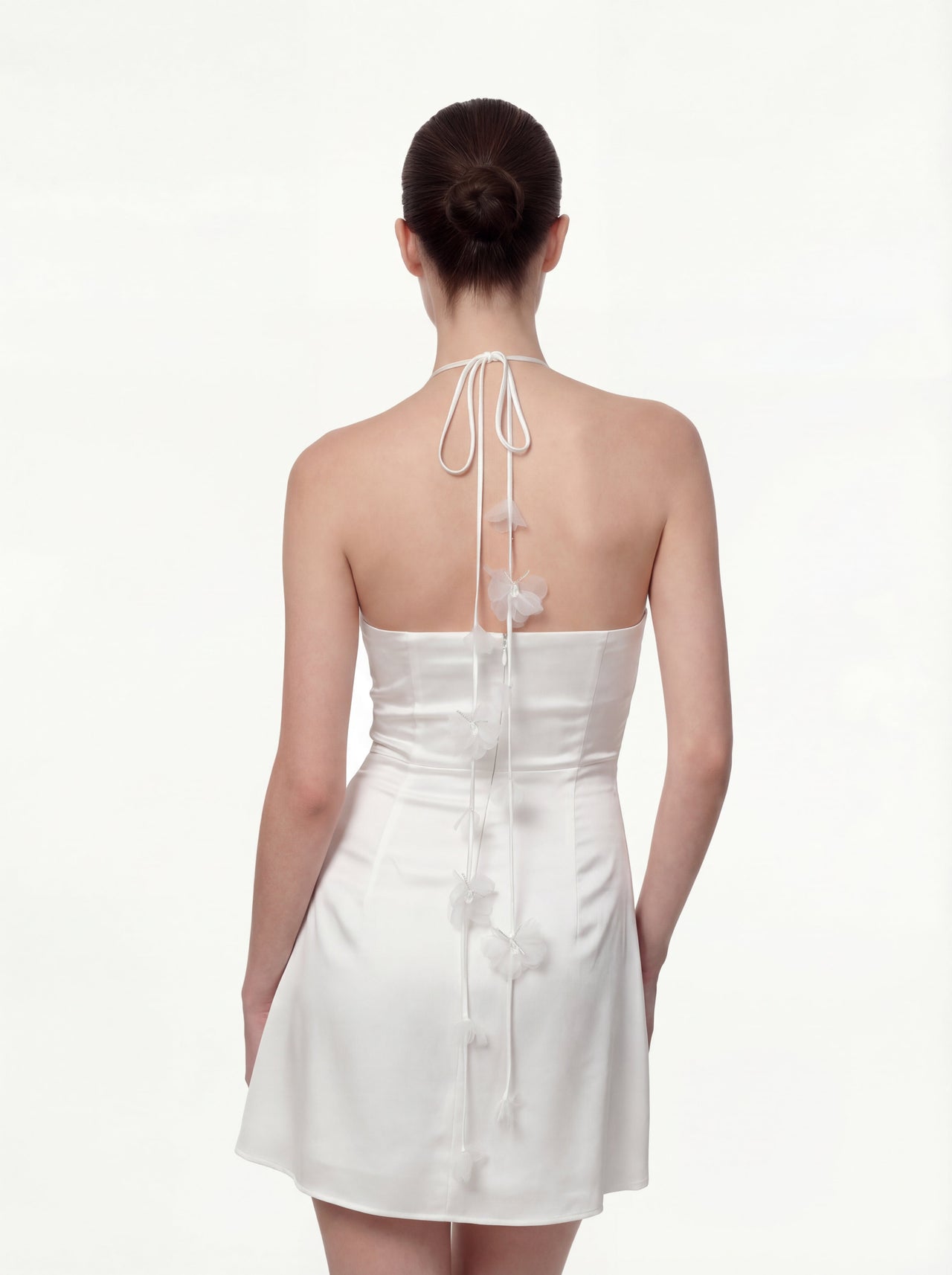 印花褶飾掛頸短連身裙 - 白色