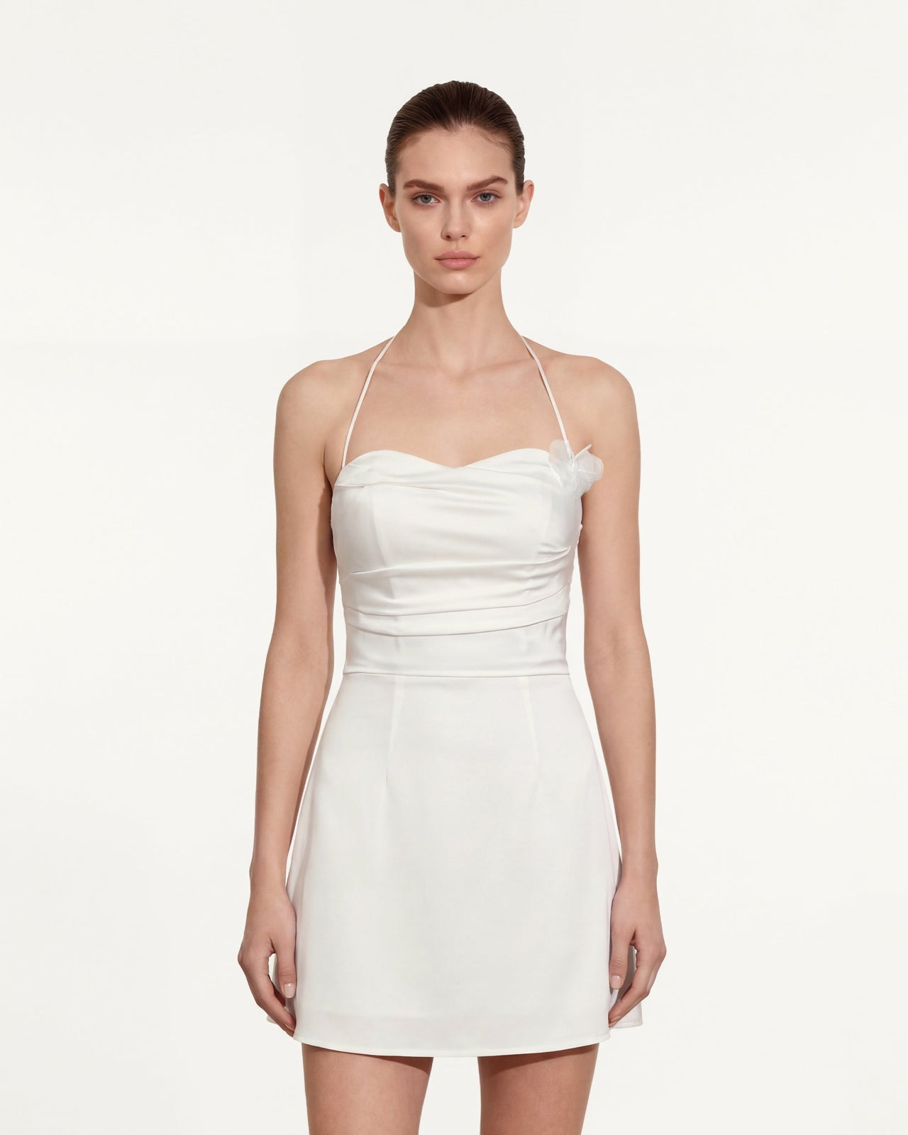 印花褶飾掛頸短連身裙 - 白色