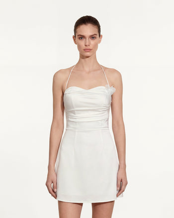 印花褶飾掛頸短連身裙 - 白色