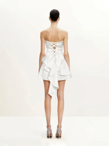 緞面露肩蝴蝶結背部迷你連身裙 - 白色