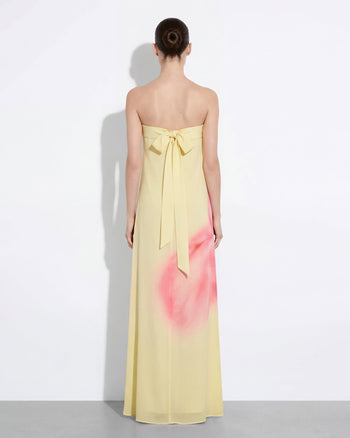 水彩花卉印花無肩帶長款連衣裙 - 黃色