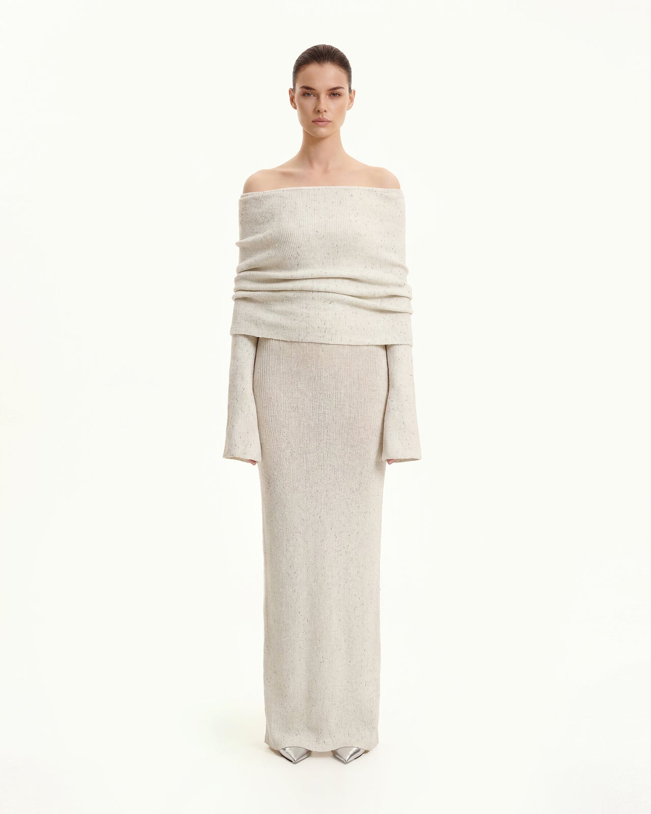 針織露肩長款連衣裙 - 奶油色
