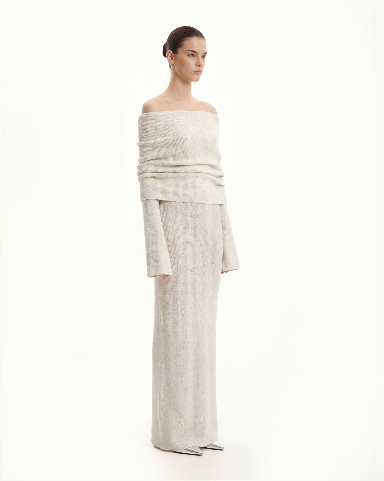 針織露肩長款連衣裙 - 奶油色