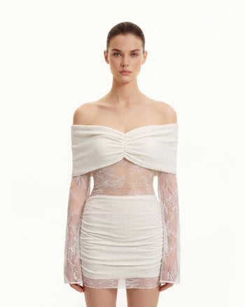 露肩褶皺蕾絲袖迷你連衣裙 - 白色