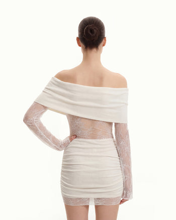 露肩褶皺蕾絲袖迷你連衣裙 - 白色