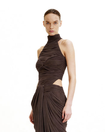 皺褶正面扭結繞頸緊身衣 - 棕色
