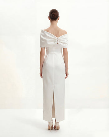 緞面不對稱蝴蝶結長連身裙 - 白色