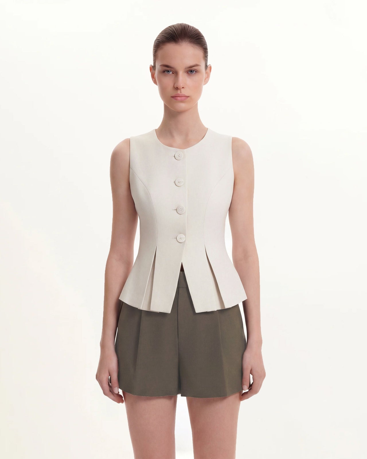 梭織棉剪裁短褲 - 綠卡其色